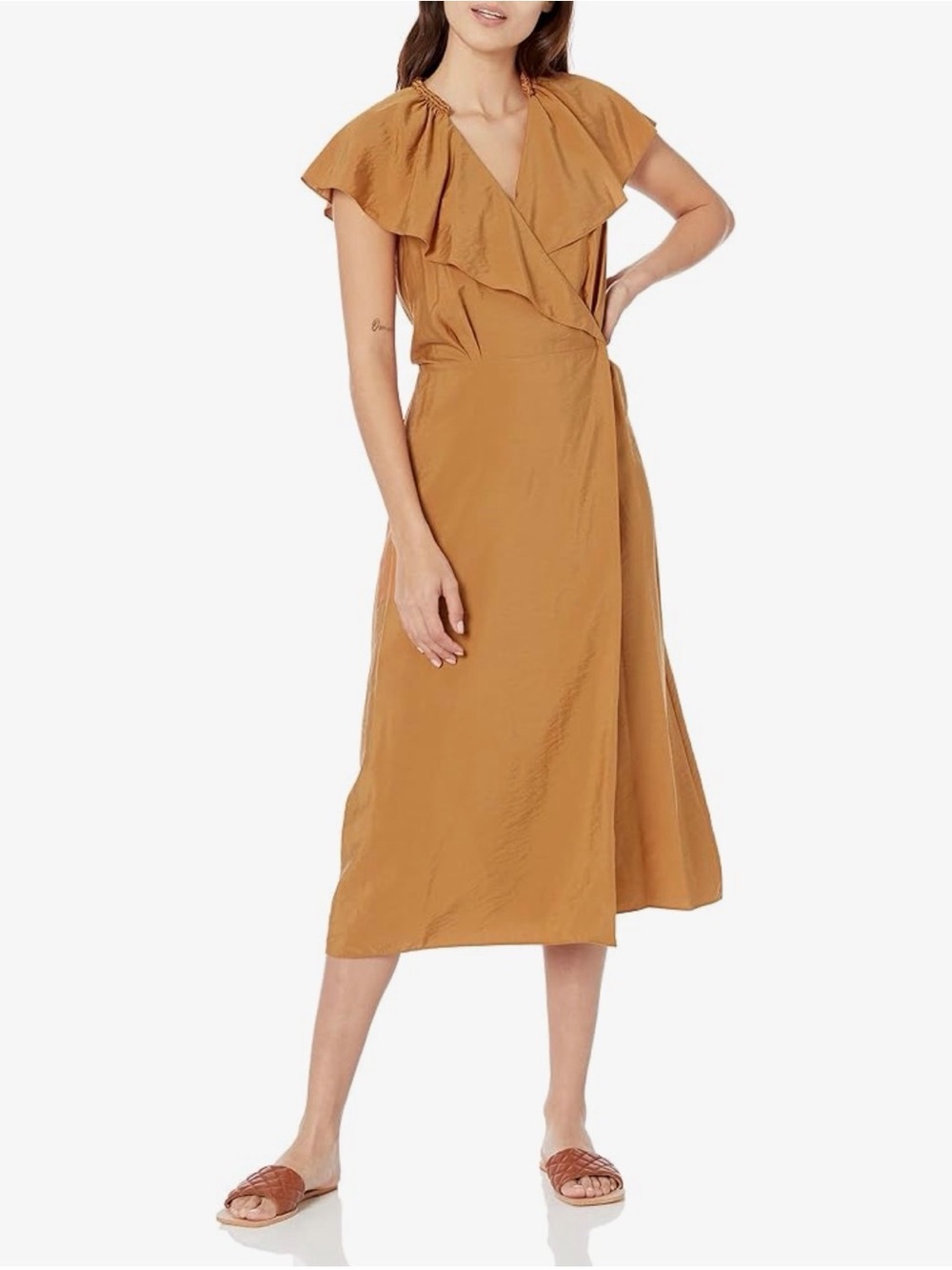 Vince Ruffle-Trim Wrap Midi Dress in Caramel